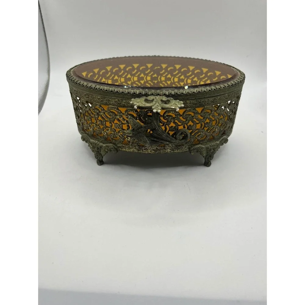 Vintage Ornate Filigree Jewelry Box Amber Glass Oval Footed Trinket Casket